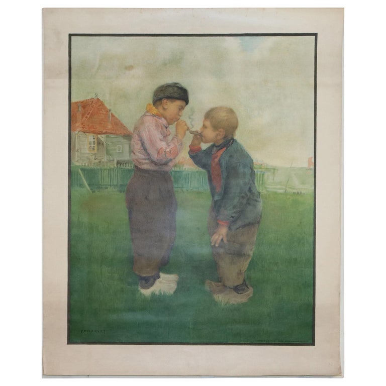 Antique French Genre Print after "Rokende Knapen" by Frantz Charlet, circa 1910