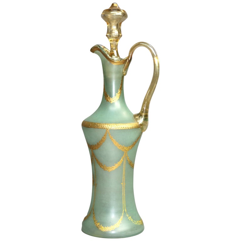 Oversized Hand Blown Glass Ewer with Panier de Fleurs & Gilt Swag, circa 1900