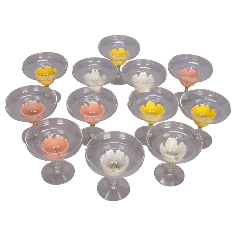 Twelve Hand Painted Art Glass Tulip Floral Form Margarita Stemware, circa 1950