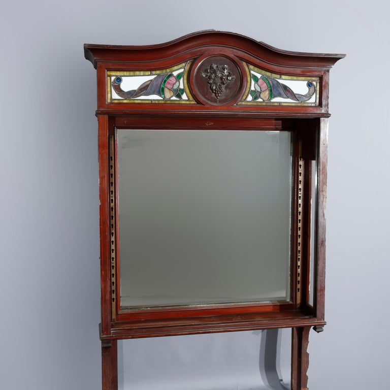 Antique Arts & Crafts Mahogany Mirrored Back Bar with Leaded Glass Cornucopia