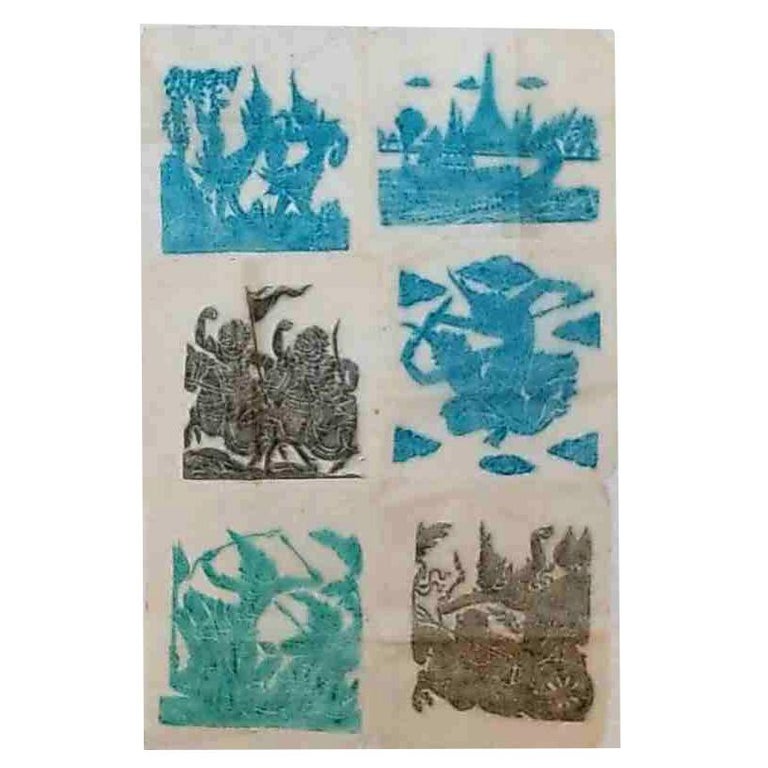 Antique Asian Siamese Impressions on Canvas with Watercolor C1920