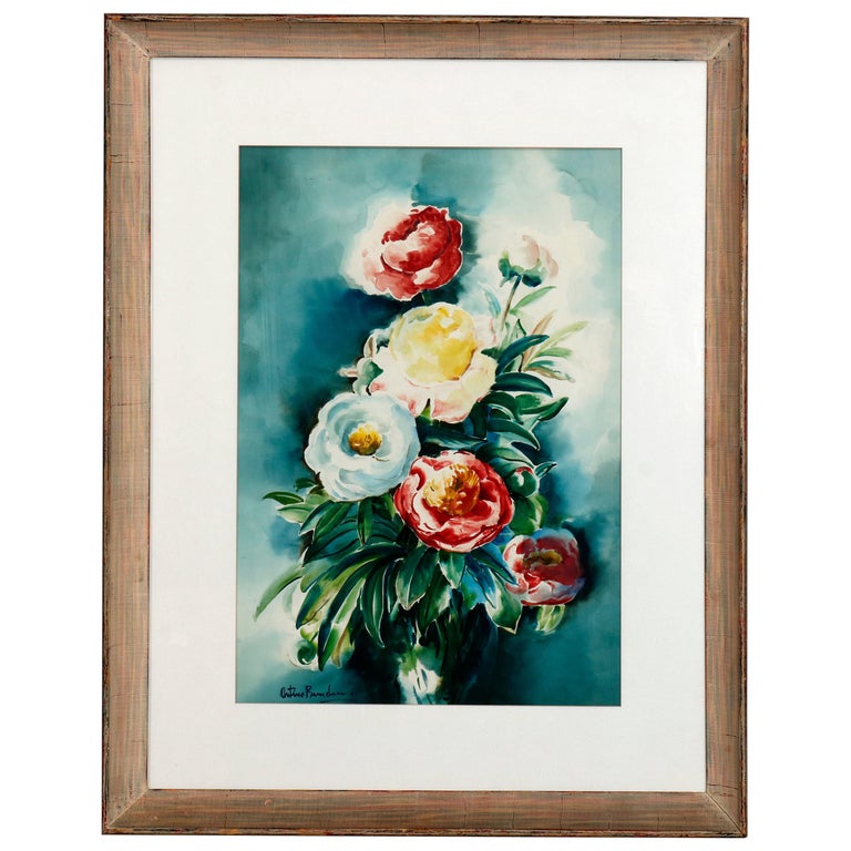 Oversized Vintage Floral Still Life Watercolor Painting, Peonies, Signed