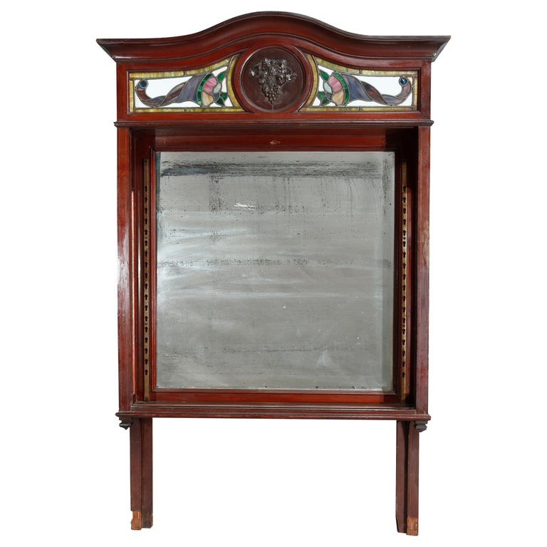 Antique Arts & Crafts Mahogany Mirrored Back Bar with Leaded Glass Cornucopia