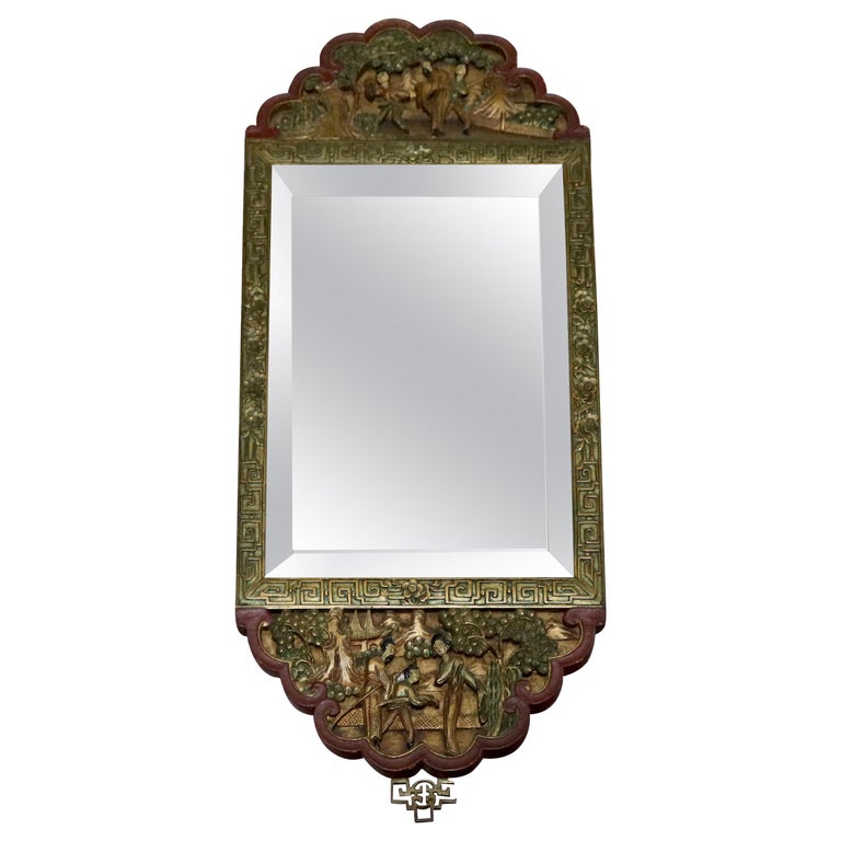 Antique Asian Chinoiserie Decorated Carved in Relief & Polychromed Mirror 20th C