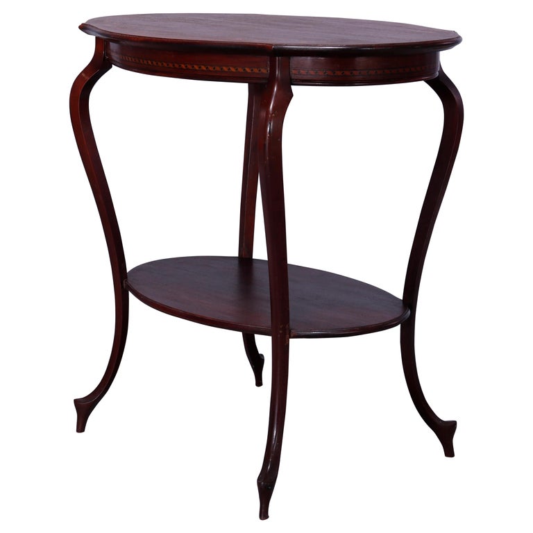 Antique French Style Mahogany & Satinood Marquetry Inlay Parlor Table, c1900