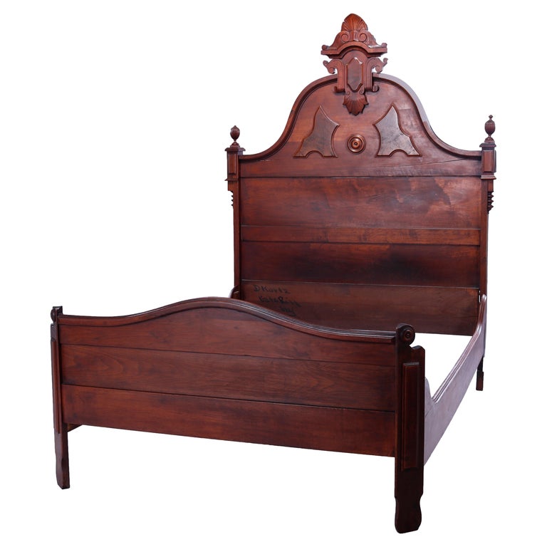 Antique Renaissance Revival Carved Walnut & Burl Bed, Circa 1890