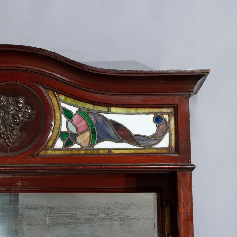 Antique Arts & Crafts Mahogany Mirrored Back Bar with Leaded Glass Cornucopia