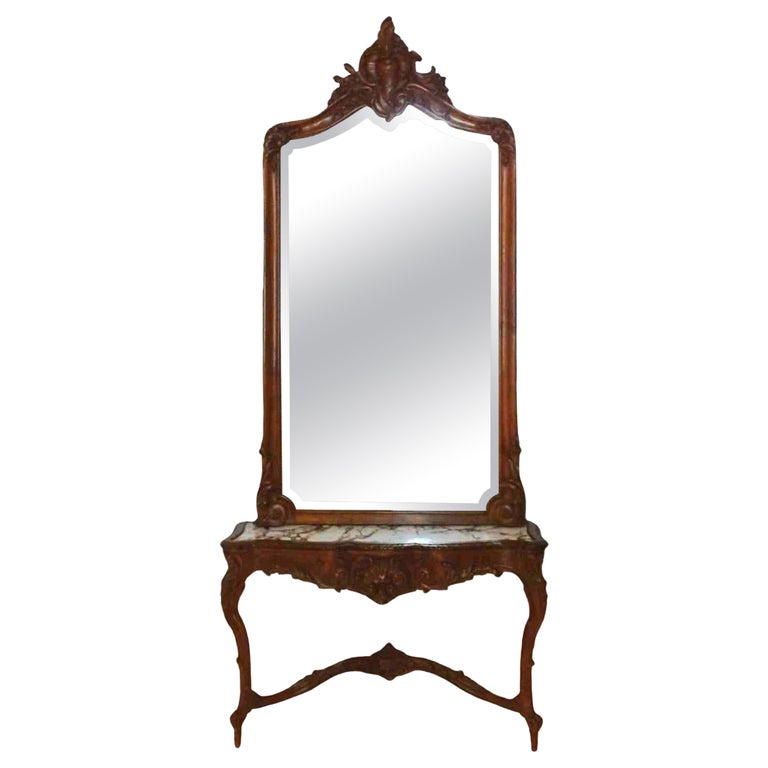 Antique French Rococo Style Carved Walnut & Marble Mirrored Console, c1880
