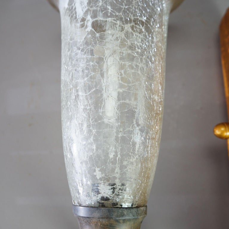 Pair Mid-Century Modern French Style Fleur-de-lis Crackled Glass Wall Sconces