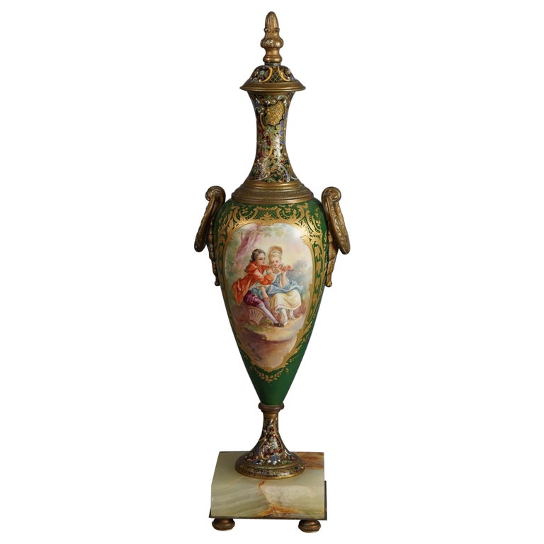 Antique French Sevrés Porcelain & Enameled Portrait Urn with Marble Base c1890