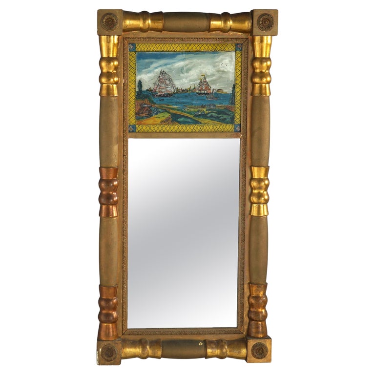 Antique American Classical Empire First Finish Eglomise & Giltwood Wall Mirror