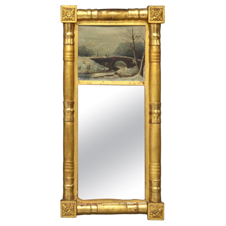 Antique American Empire Giltwood Wall Mirror & Oil on Board Landscape Painting