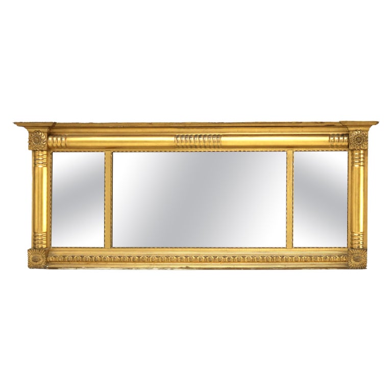Large American Empire First Finish Giltwood Triptych Over Mantle Mirror 19thC