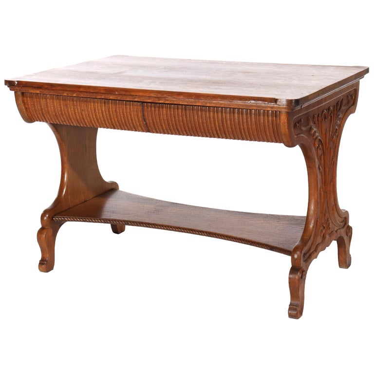 Antique RJ Horner Arts & Crafts Carved Oak Two-Drawer Library Table c1910