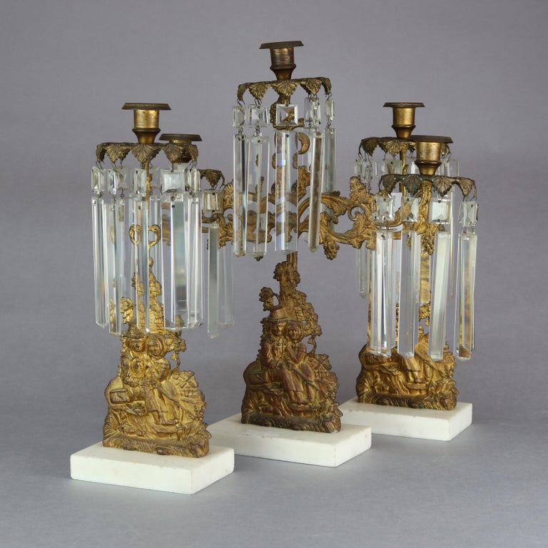 Antique American Figural Brass & Marble Mantel Girandolles Set, c1860
