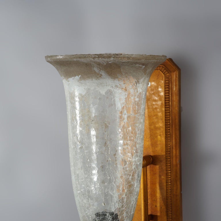 Pair Mid-Century Modern French Style Fleur-de-lis Crackled Glass Wall Sconces