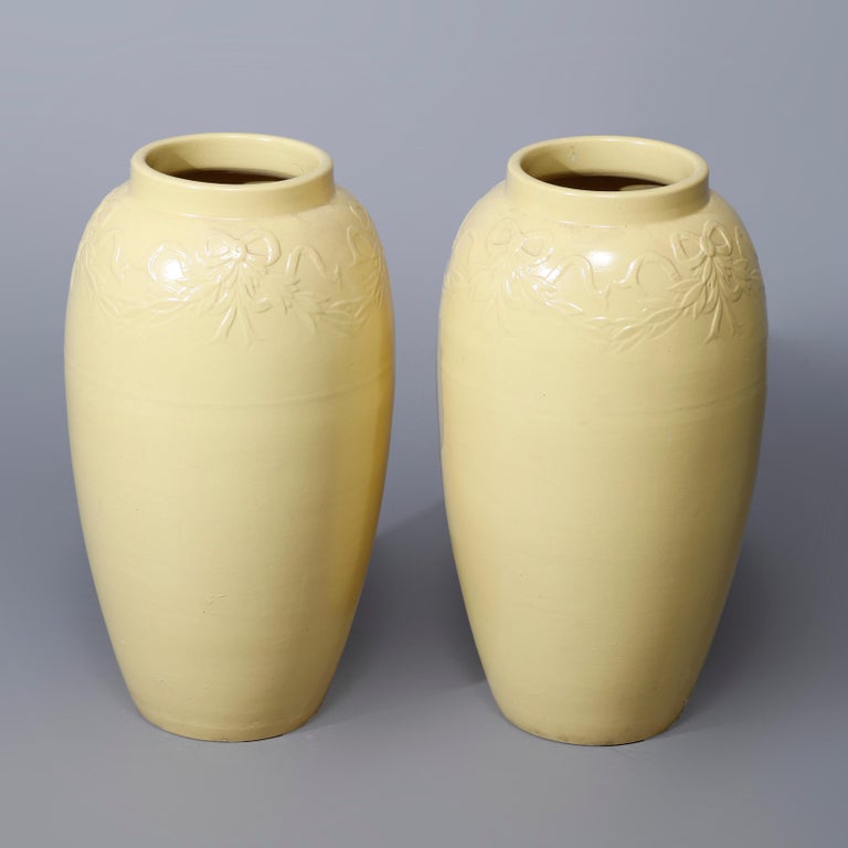 Pair Galloway Ribbon & Garland Embossed Art Pottery Floor Vases C1930
