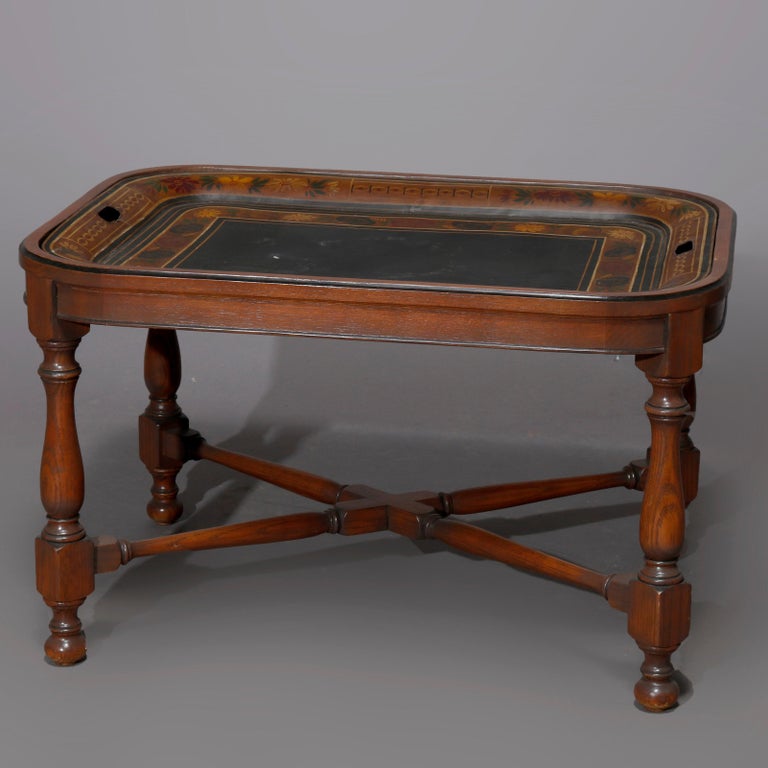 English Georgian Style Walnut Tea Table & Removable Toleware Serving Tray 20th