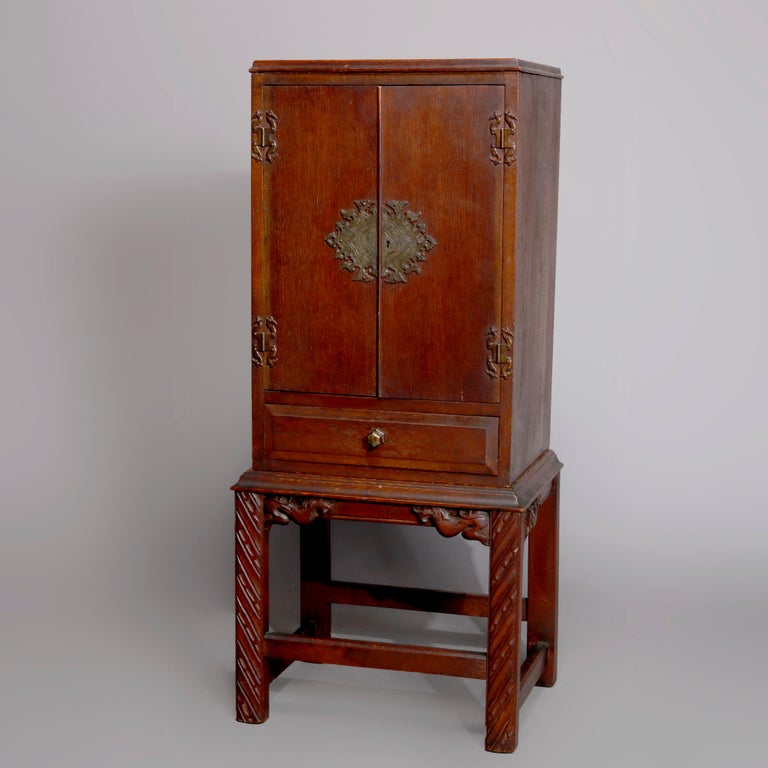 Arts & Crafts Style Carved Oak Cellaret with Figural Cast Phoenix Hardware C1910