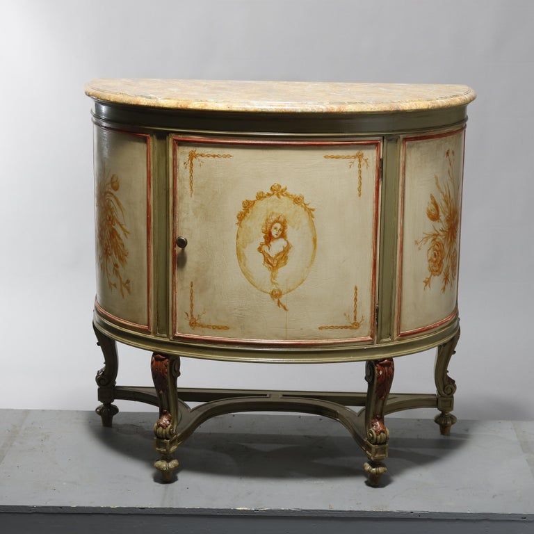 Antique French Louis XV Style Faux Painted Cameo Demilune Console Table, 20th C