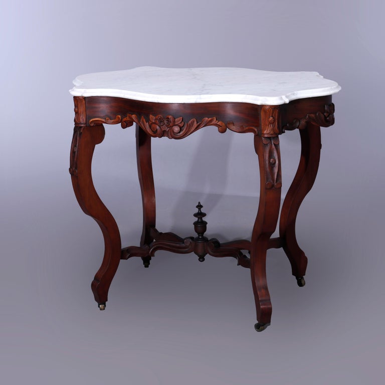 Antique Rococo Carved Walnut & Marble Turtle Top Parlor Table Circa 1880
