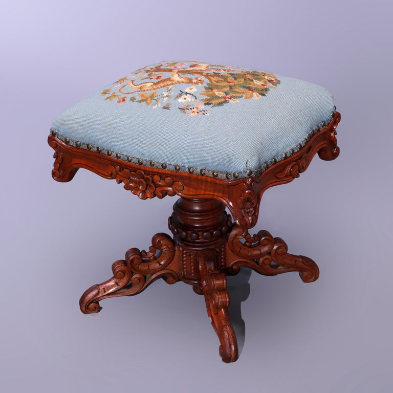 Antique Rococo Needlepoint & Walnut Revolving Stool, Unicorn & Tiger, c1880
