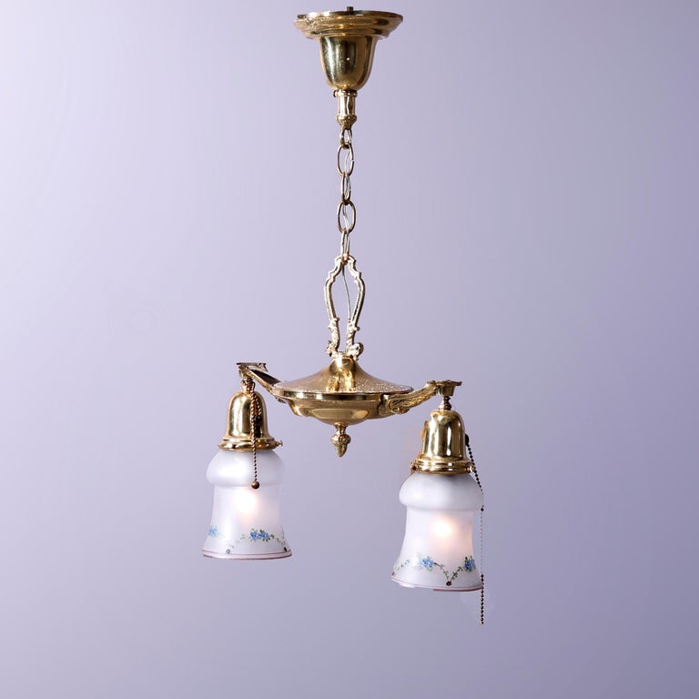Antique Brass Two Drop-Light Hanging Ceiling Fixture, Circa 1920