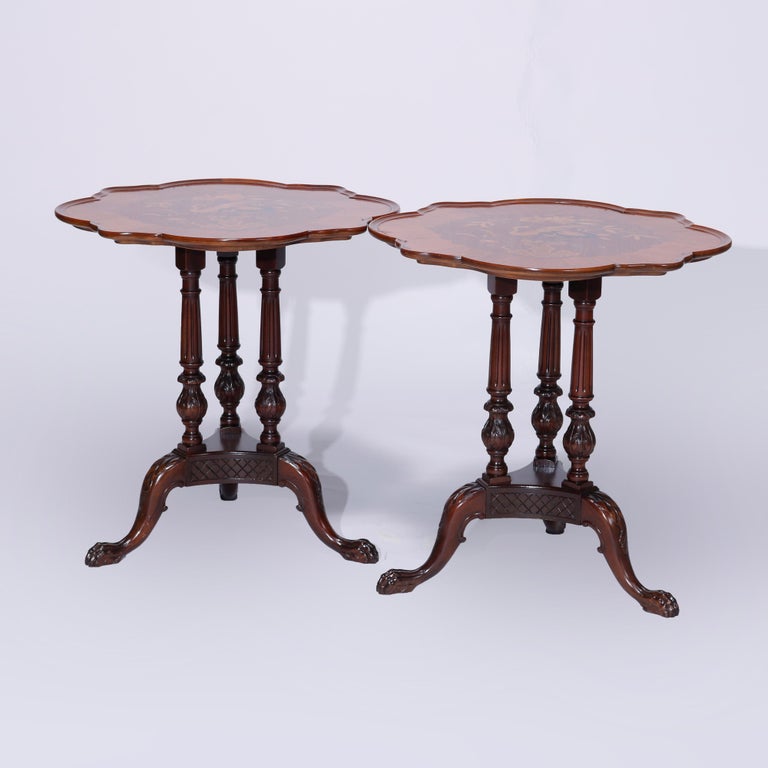 Antique Heron Satinwood Marquetry Scalloped Triple Pedestal Side Tables, c1930