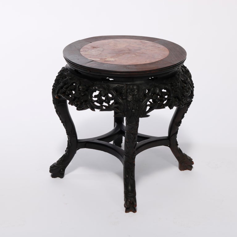 Antique Chinese Carved Hardwood Marble Top Plant Stand, Circa 1920