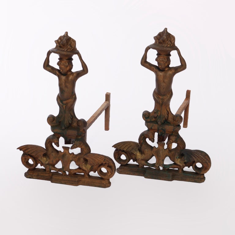 Antique Neoclassical Figural Cast & Wrought Iron Fireplace Andirons, circa 1900