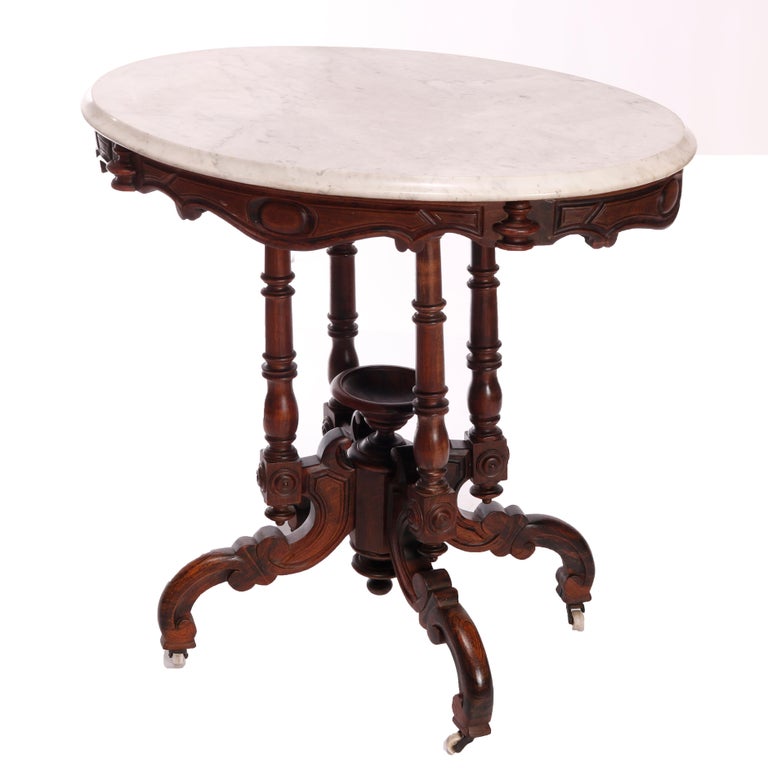 Antique Victorian Carved Rosewood & Marble Parlor Table, C1880