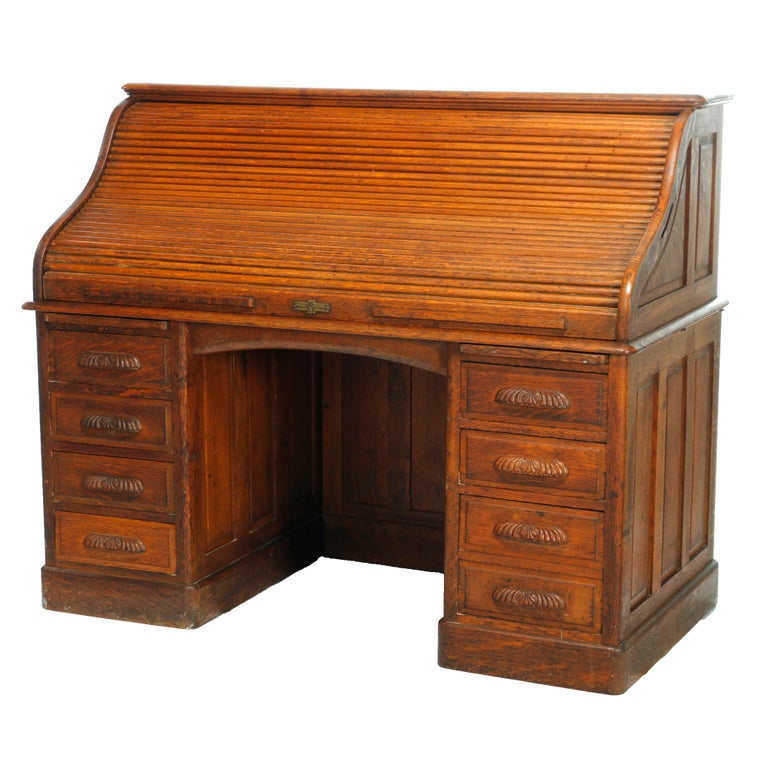 Antique Derby School Paneled Oak Roll Top Desk with Full Interior, C1900