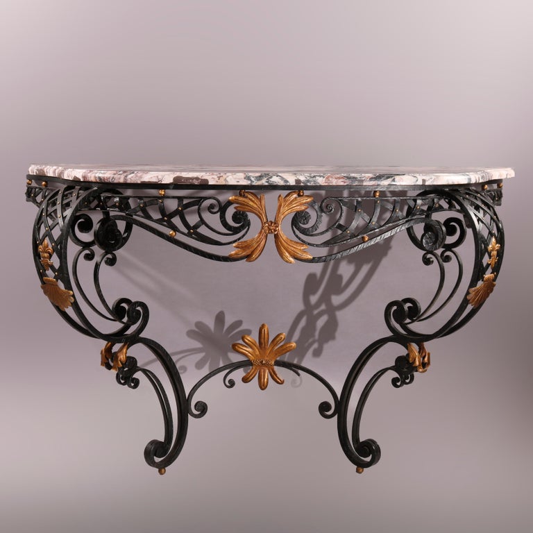 French Louis XV Style Wrought Iron & Marble Console Table 20th C