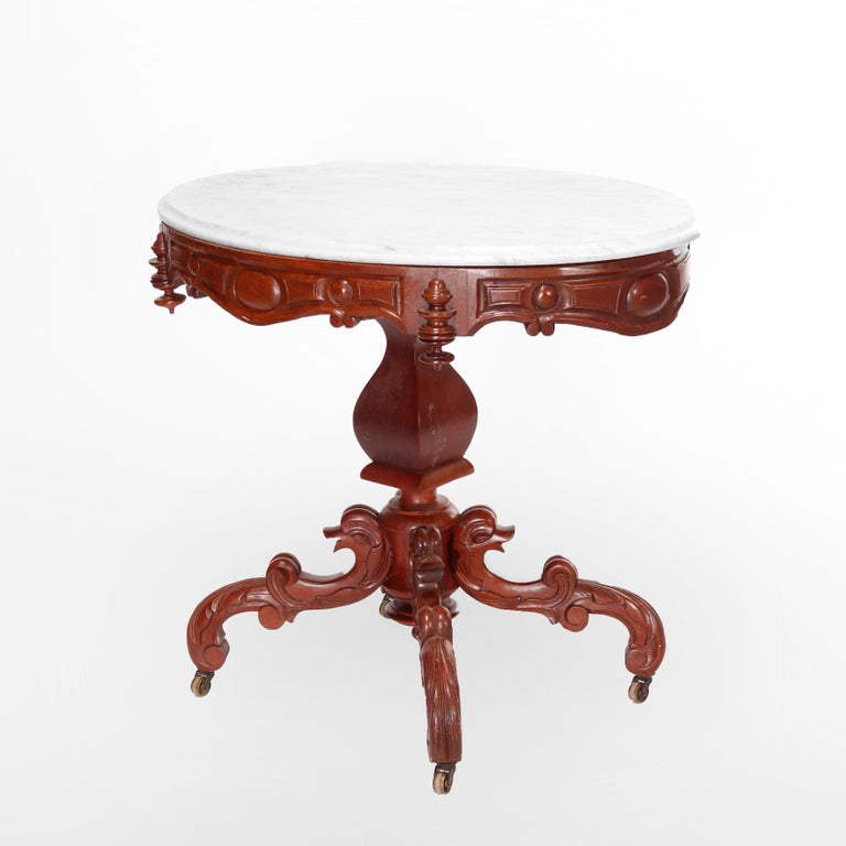 Antique Renaissance Revival Figural Carved Oval Marble Top Parlor Table, c1880
