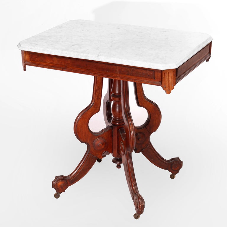 Antique Eastlake Walnut & Burl Marble Top Parlor Table circa 1890