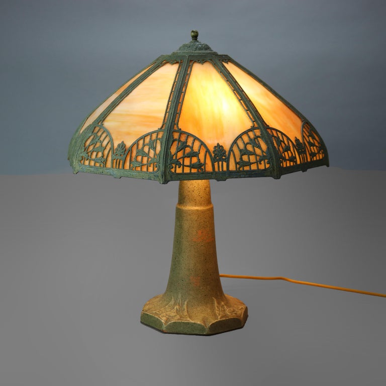 Antique Arts & Crafts Bradley & Hubbard School Slag Glass Lamp, Circa 1920