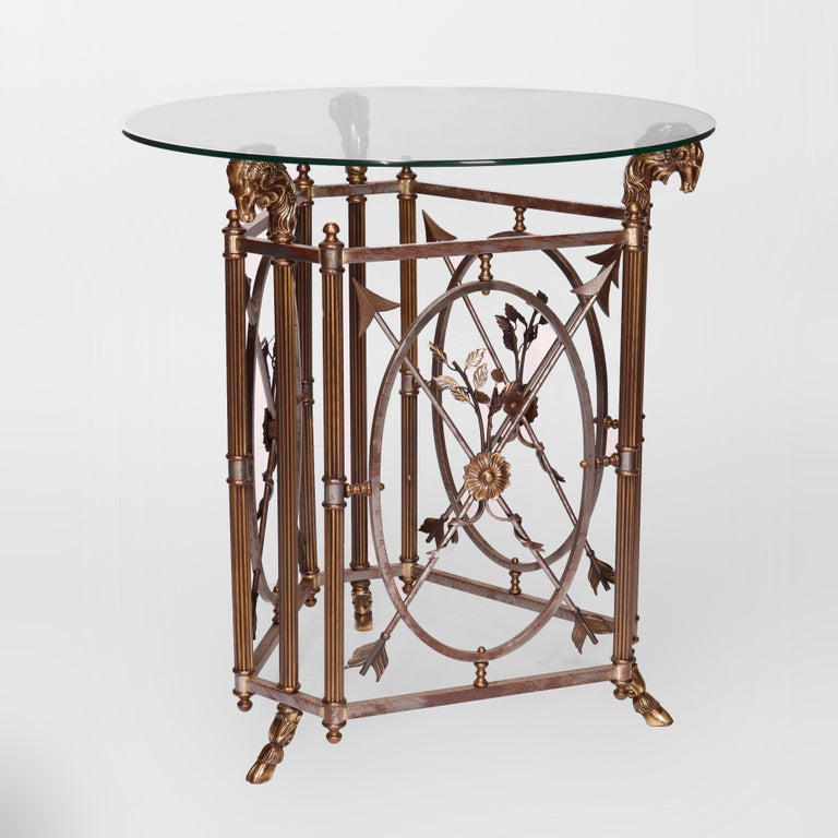 French Empire Figural Bronzed Metal & Glass Center Table with Ram's Heads 20th C