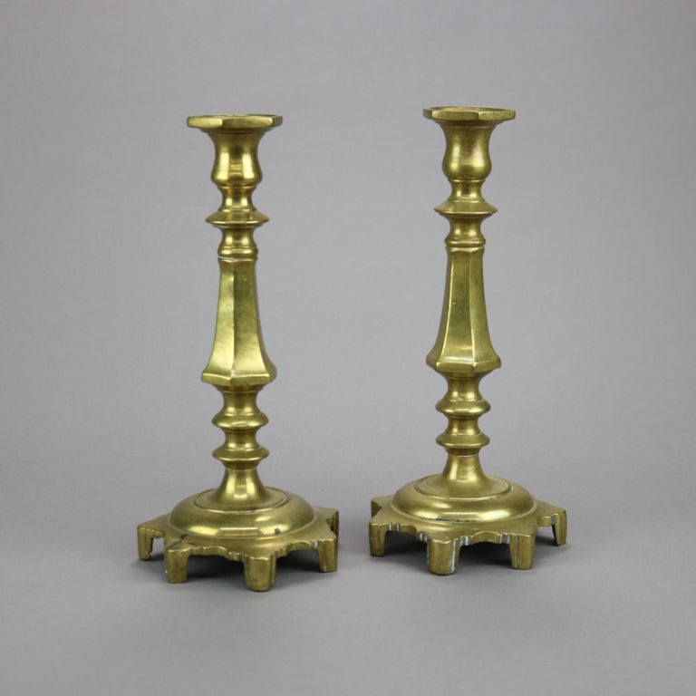 Antique Pair of Early American Brass Balustrade Footed Candlesticks 19th C