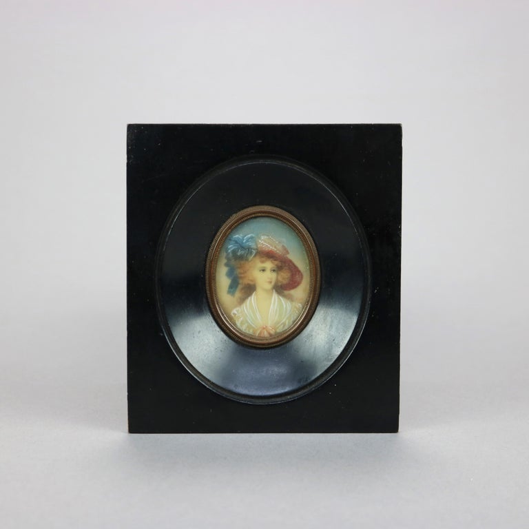 Antique Miniature Portrait Painting on Celluloid of a Young Lady Late 19th C