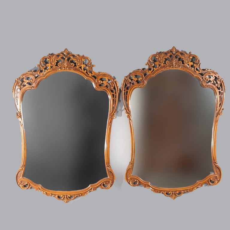 Antique Pair of French Louis XIV Style Carved Mahogany Mirrors, circa 1930