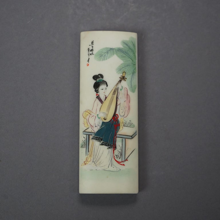 Chinese Hand Painted Hard Stone Paperweight with Woman & Instrument 20th C
