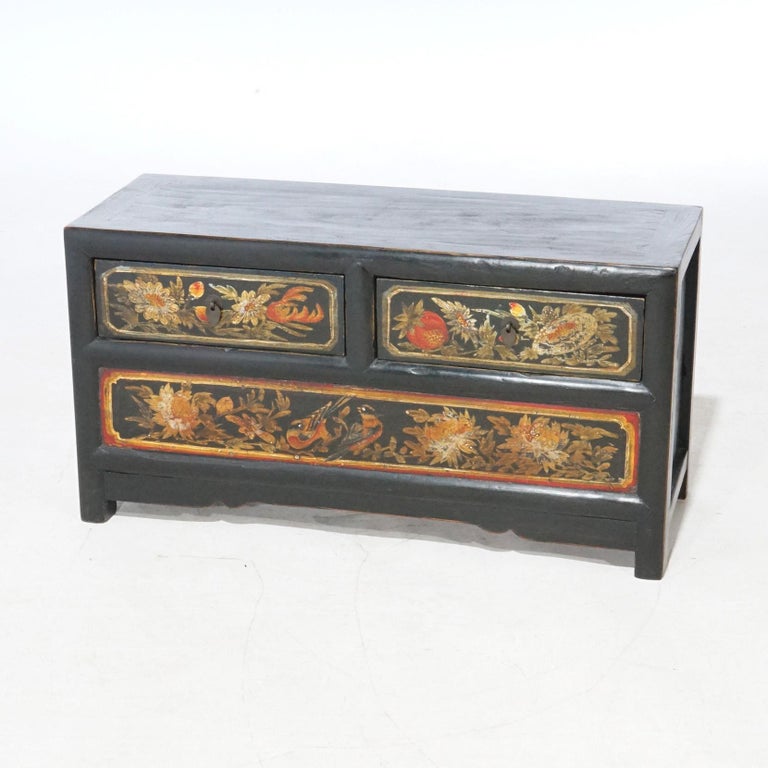 Chinese Polychrome Hand Painted Low Chest with Garden Birds & Fruit 20th C