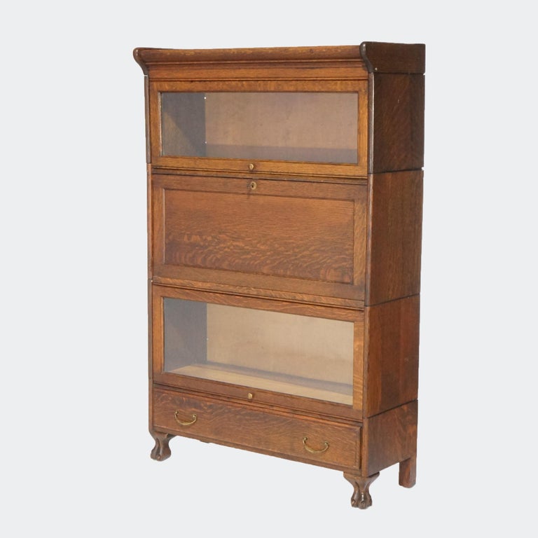 Antique Arts & Crafts Three Stack Oak Barrister Bookcase; Desk & Paw Feet; c1910