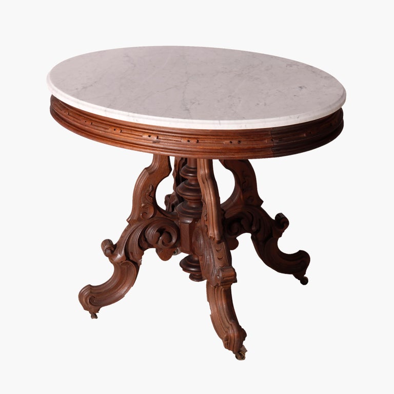 Oversized Antique Victorian Walnut Brooks Oval Marble Top Parlor Table 1890