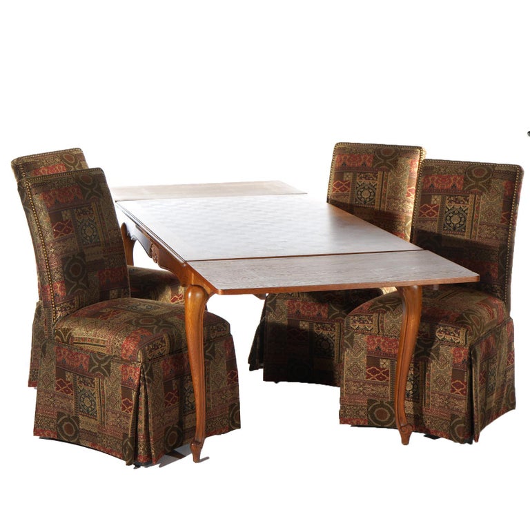 French Louis XV Style Oak Parquetry Draw-Top Dining Table & 4 Tall Back Chairs