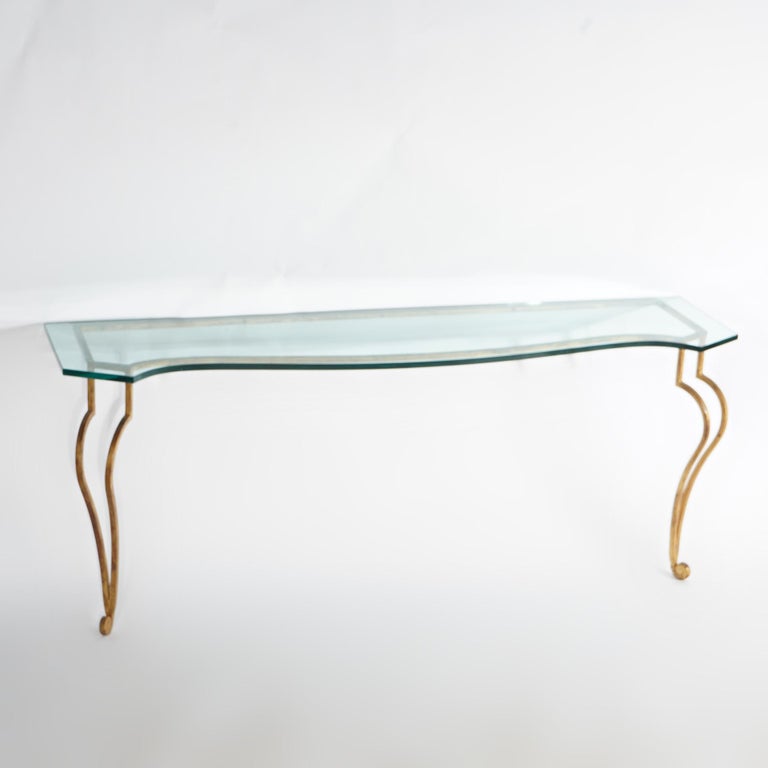 Italian Gold Gilt Wrought Iron Console Table with Glass Top 20th C