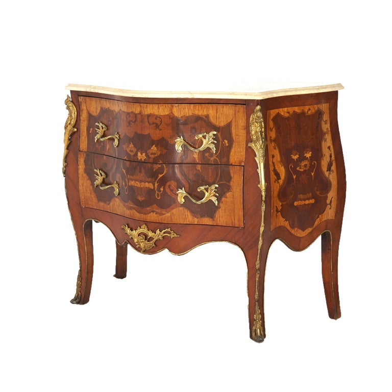 Antique Louis XV Style Marble, Ormolu, Satinwood & Kingwood Inlaid Commode 20thC