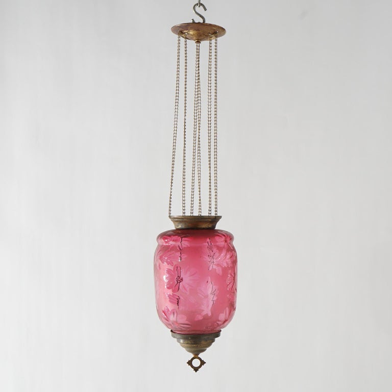 Antique Victorian Cut To Clear Cranberry Glass & Brass Hanging Hall Light C1880