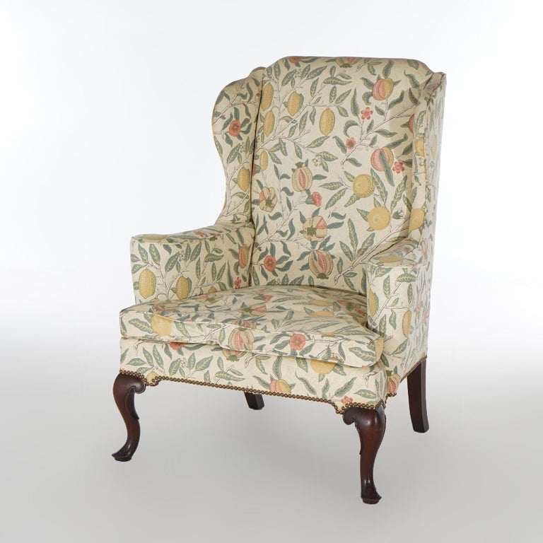 English Queen Anne Style Upholstered & Mahogany Fireside Wingback Chair 20th C