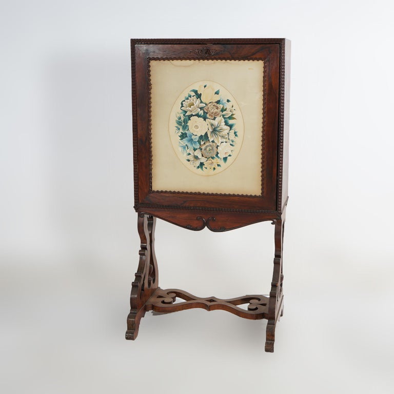 Victorian Rosewood Drop Front Desk with Inset Floral Print & Scroll Legs c1870